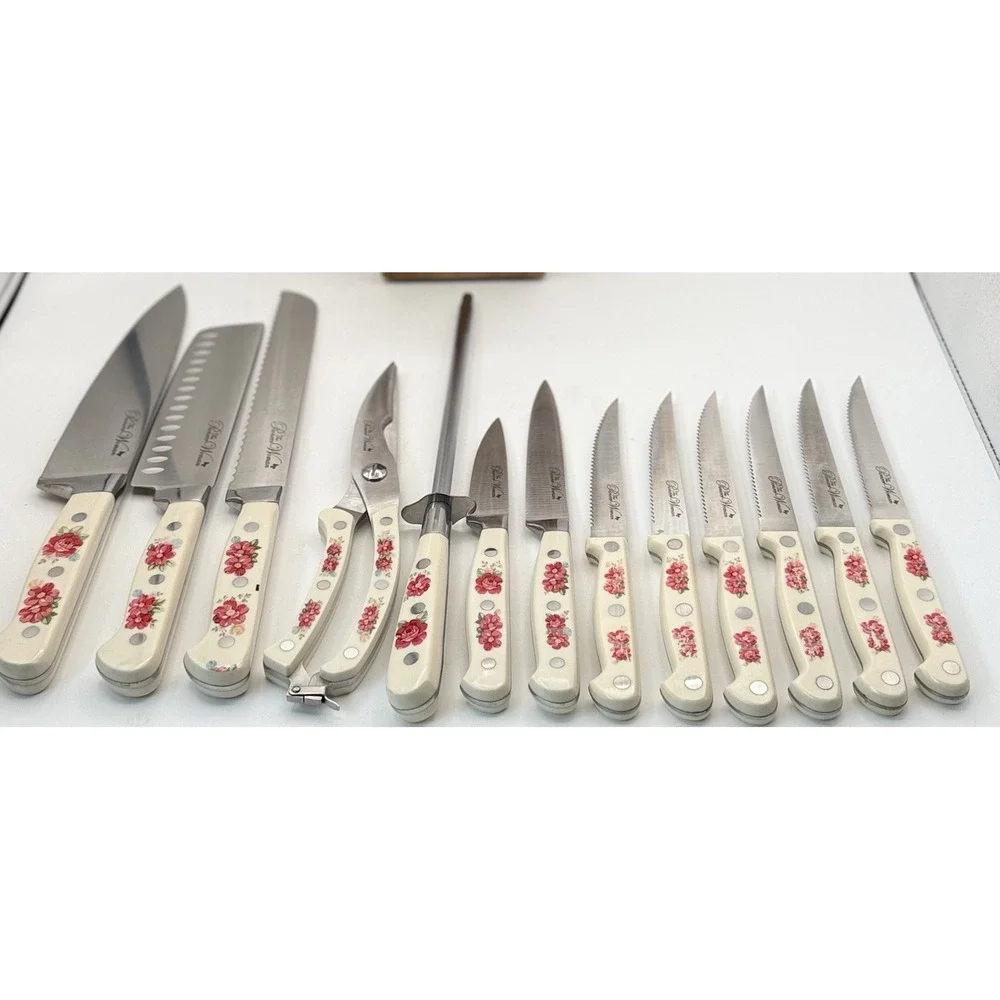 Vtg Pioneer Woman Floral 14-Piece Cutlery Kitchen Set Wood Block Retired #5617